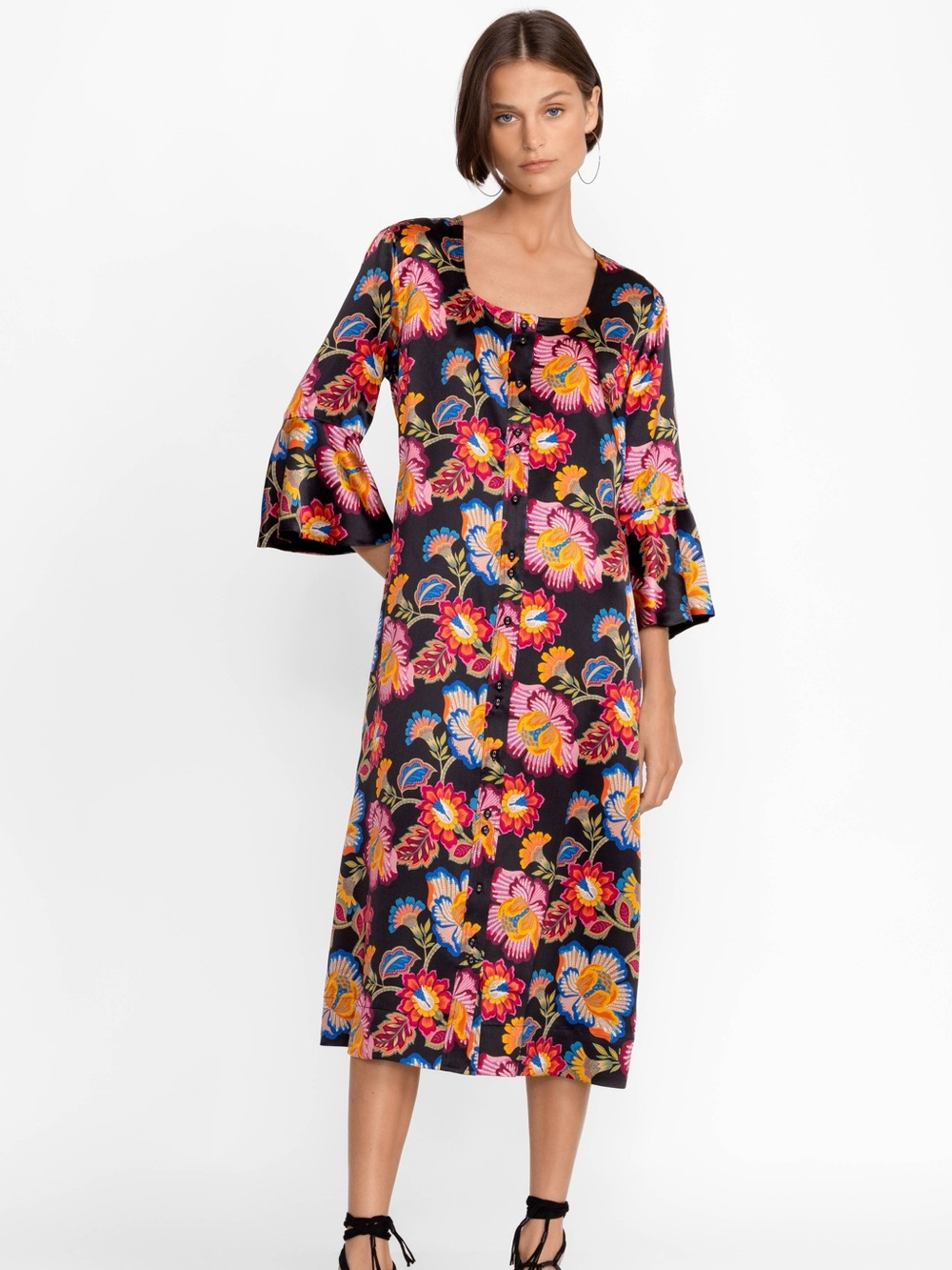 Floral Button-Front Midi Dress in Black with Multicolor Blooms